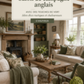 Salon de style ferme anglais avec des éléments décoratifs verts