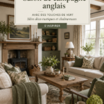 Salon de style ferme anglais avec des éléments décoratifs verts