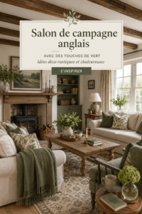 Salon de style ferme anglais avec des éléments décoratifs verts