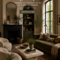 Un salon à la parisienne avec canapé en velours olive et table en marbre, créant une ambiance élégante et chaleureuse.