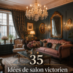 Salon victorien élégant avec des meubles classiques et des décorations raffinées.
