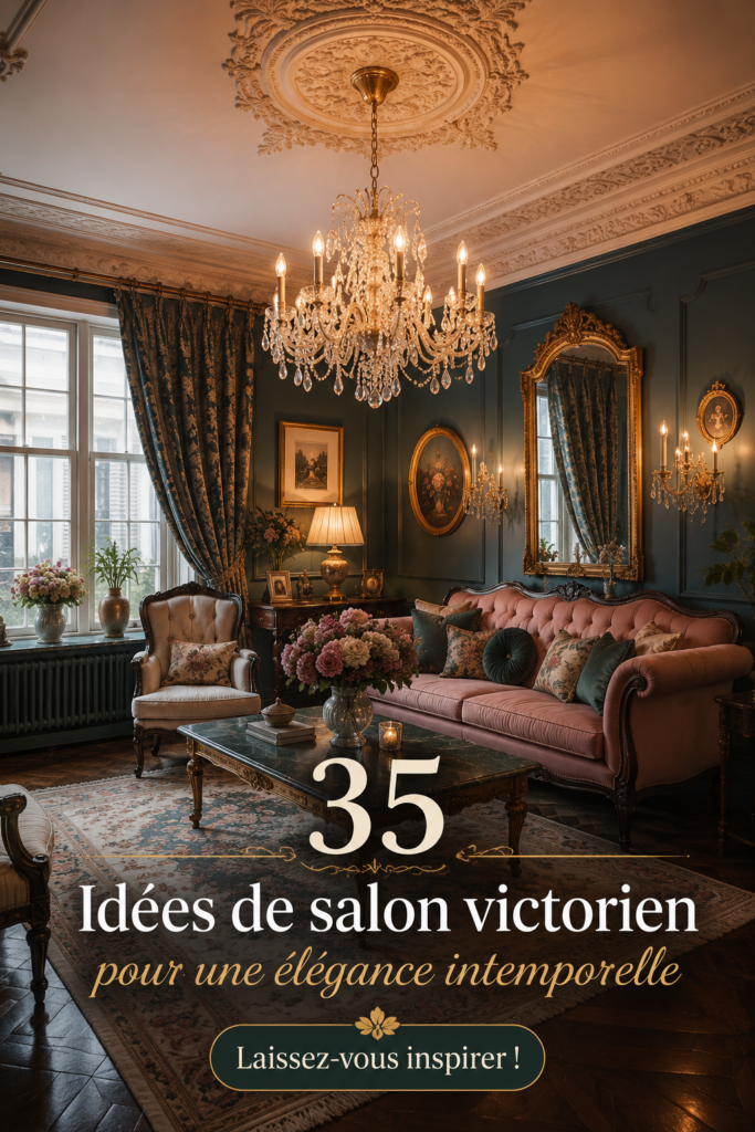 Salon victorien élégant avec des meubles classiques et des décorations raffinées.