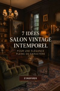Salon vintage élégant avec des couleurs sombres et des textures riches.