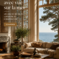 Salon moderne avec vue sur la mer, décoré avec des couleurs apaisantes.