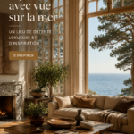 Salon moderne avec vue sur la mer, décoré avec des couleurs apaisantes.
