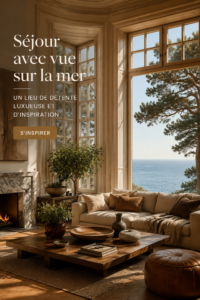 Salon moderne avec vue sur la mer, décoré avec des couleurs apaisantes.