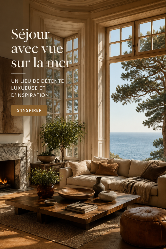 Salon moderne avec vue sur la mer, décoré avec des couleurs apaisantes.