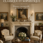Salon anglais classique avec mobilier en bois et textiles raffinés.