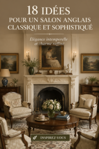 Salon anglais classique avec mobilier en bois et textiles raffinés.