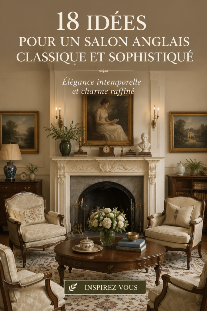 Salon anglais classique avec mobilier en bois et textiles raffinés.