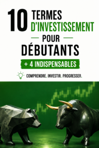 Illustration d'un livre sur l'investissement avec des termes financiers clés