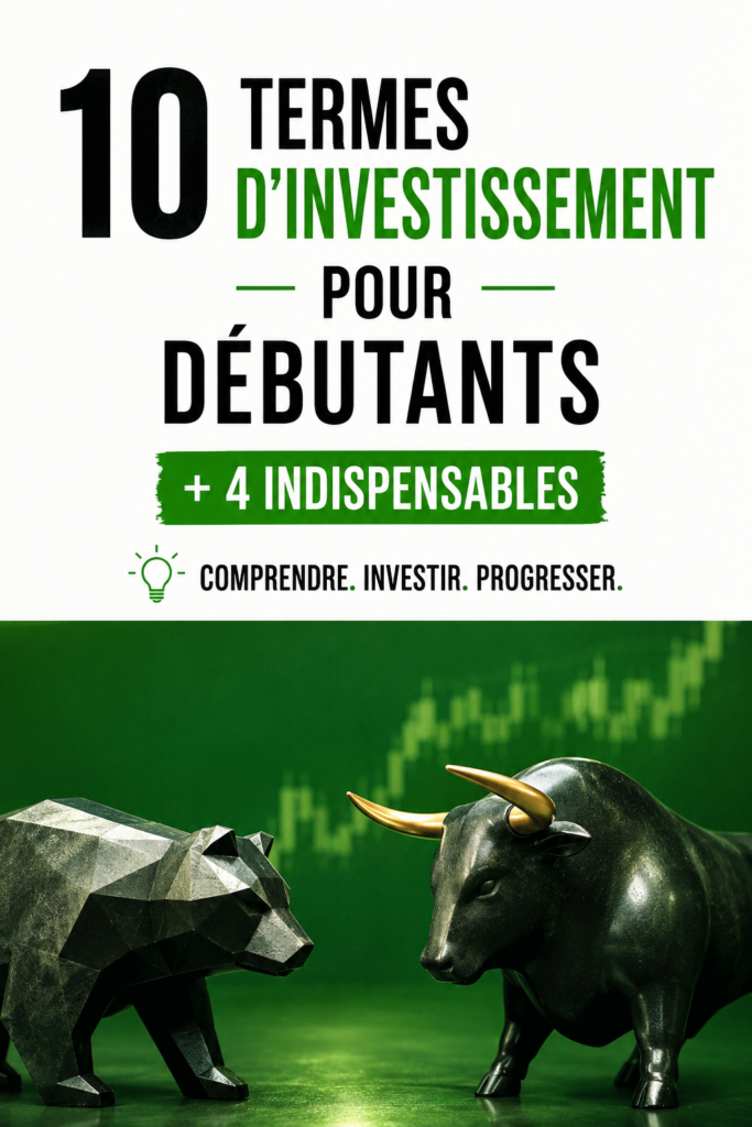 Illustration d'un livre sur l'investissement avec des termes financiers clés