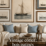 Un salon décoré dans un style Coastal Vintage avec du bois vieilli et des teintes bleues douces.