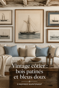 Un salon décoré dans un style Coastal Vintage avec du bois vieilli et des teintes bleues douces.