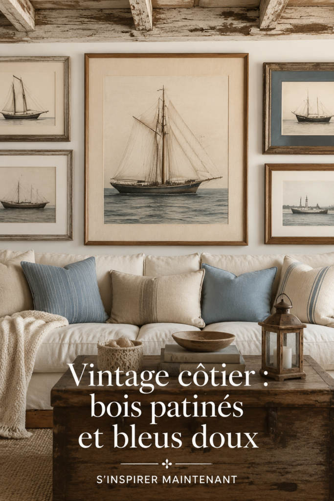 Un salon décoré dans un style Coastal Vintage avec du bois vieilli et des teintes bleues douces.