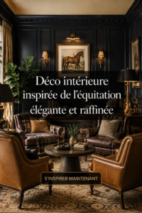 Un salon décoré avec des éléments inspirés par l'équitation, mettant en avant des teintes naturelles et des accessoires élégants.