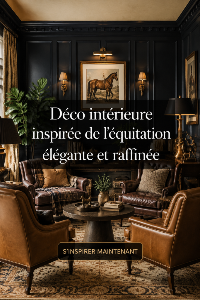 Un salon décoré avec des éléments inspirés par l'équitation, mettant en avant des teintes naturelles et des accessoires élégants.
