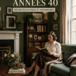 Un salon décoré avec des meubles et accessoires vintage des années 40.