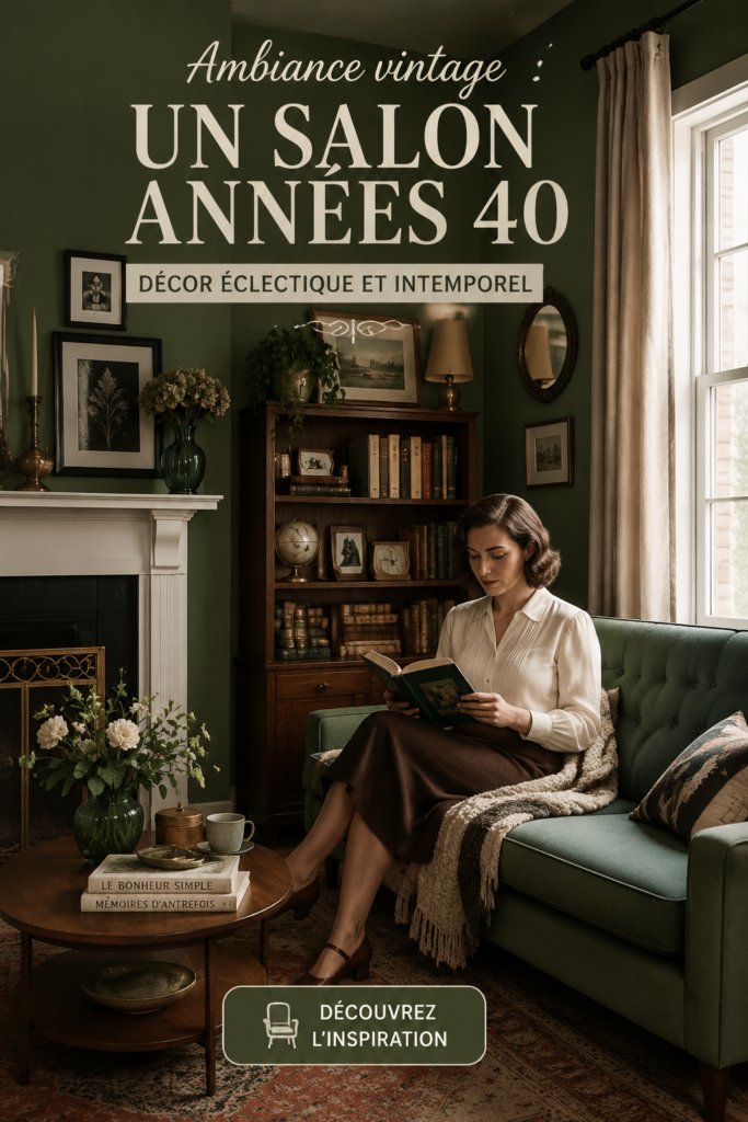 Un salon décoré avec des meubles et accessoires vintage des années 40.
