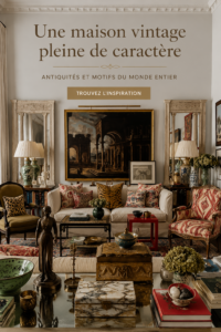 Un intérieur vintage avec divers objets anciens soigneusement disposés.