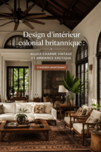 Un intérieur évoquant le design colonial britannique avec des meubles en bois et des textiles colorés.