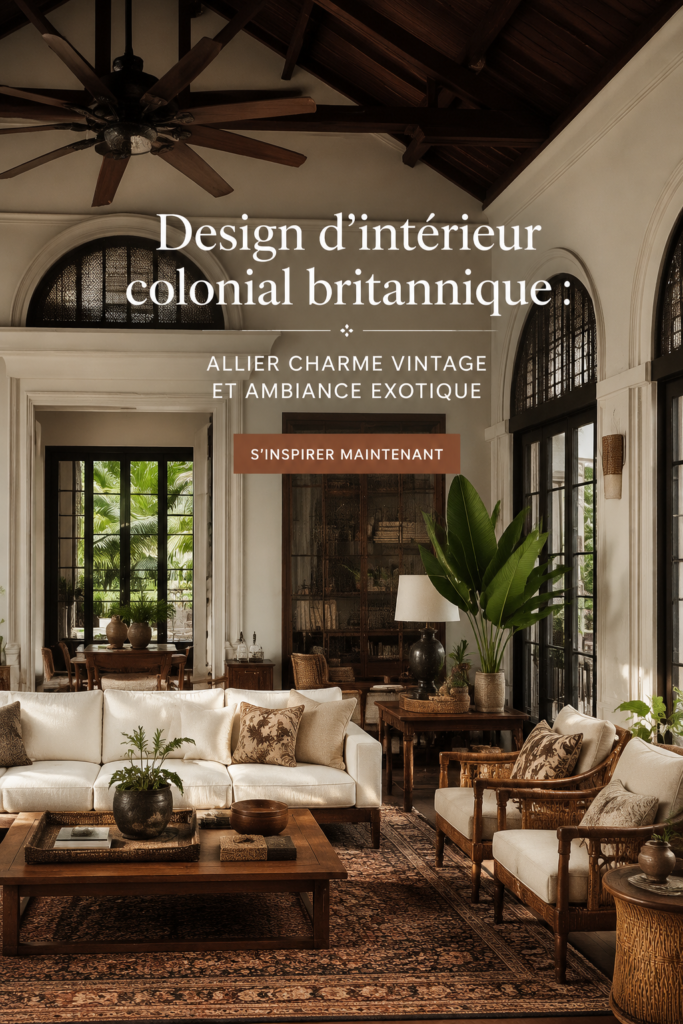 Un intérieur évoquant le design colonial britannique avec des meubles en bois et des textiles colorés.