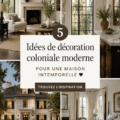 Intérieur chaleureux avec des éléments de design colonial moderne, mettant en valeur le mélange de matériaux et de couleurs.
