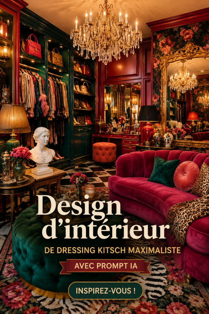 Une pièce d'intérieur au style kitsch avec des couleurs vives et des objets éclectiques.
