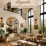 Intérieur élégant d'une villa espagnole avec des meubles classiques et des couleurs chaudes