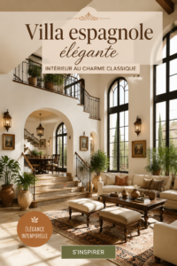Intérieur élégant d'une villa espagnole avec des meubles classiques et des couleurs chaudes