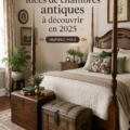 Chambre avec un décor antique chaleureux et accueillant, mélange de bois et textiles doux.