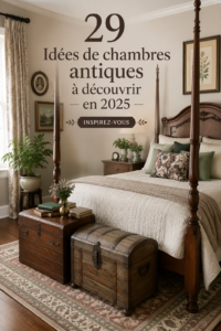 Chambre avec un décor antique chaleureux et accueillant, mélange de bois et textiles doux.