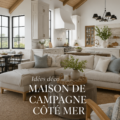 Une pièce de style farmhouse côtier avec des éléments naturels et une déco élégante.