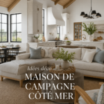 Une pièce de style farmhouse côtier avec des éléments naturels et une déco élégante.