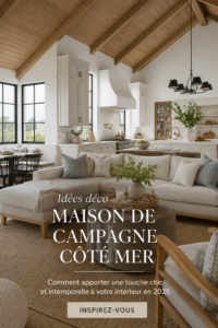 Une pièce de style farmhouse côtier avec des éléments naturels et une déco élégante.