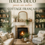 Salon décoré dans un style cottage français avec des meubles en bois et des textiles chaleureux.