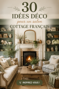 Salon décoré dans un style cottage français avec des meubles en bois et des textiles chaleureux.