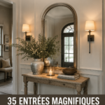 Hall d'entrée de style ferme moderne avec des éléments rustiques et contemporains.