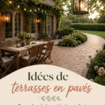 Un patio en pavés bien aménagé avec des plantes et des chaises confortables, créant un espace accueillant.