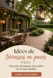 Un patio en pavés bien aménagé avec des plantes et des chaises confortables, créant un espace accueillant.