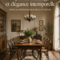 Salle à manger vintage chaleureuse avec meubles en bois et décor élégant.