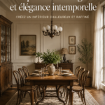 Salle à manger vintage chaleureuse avec meubles en bois et décor élégant.
