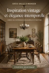 Salle à manger vintage chaleureuse avec meubles en bois et décor élégant.