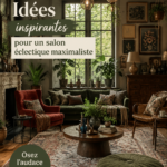 Salon éclectique avec des couleurs vives et des objets variés qui reflètent le maximalisme.