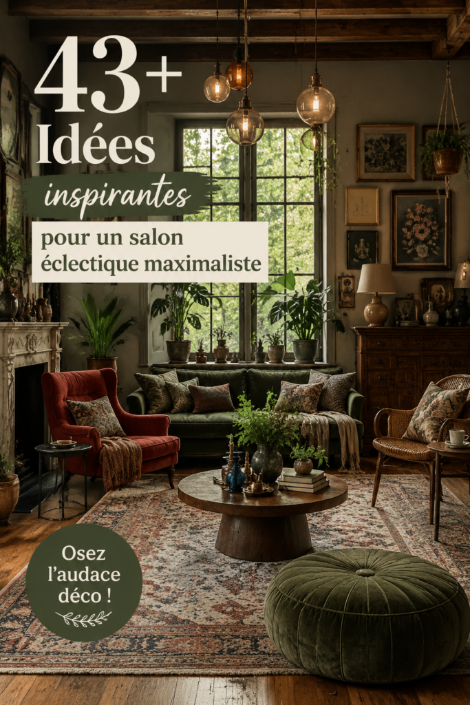Salon éclectique avec des couleurs vives et des objets variés qui reflètent le maximalisme.