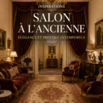 Un salon élégant avec des meubles raffinés et des couleurs neutres, évoquant un style royal