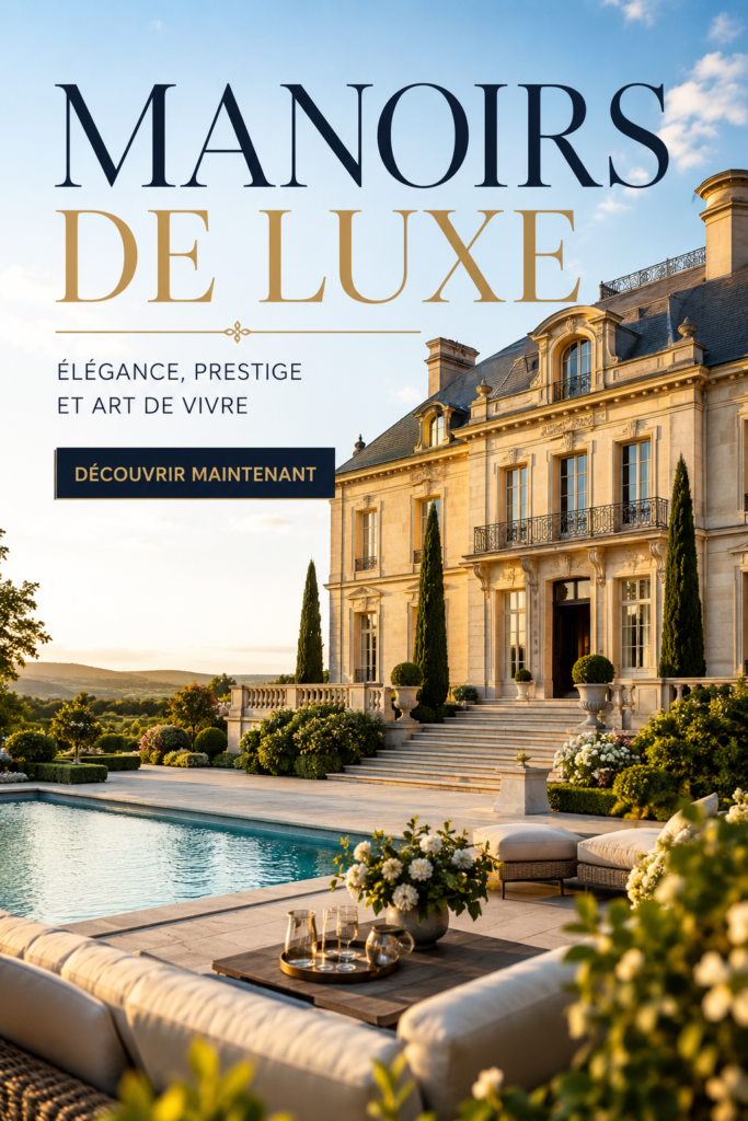 Vue extérieure d'un manoir de luxe en France, entouré de jardins luxuriants