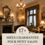 Un salon victorien chaleureux avec des couleurs riches et des décorations élégantes.