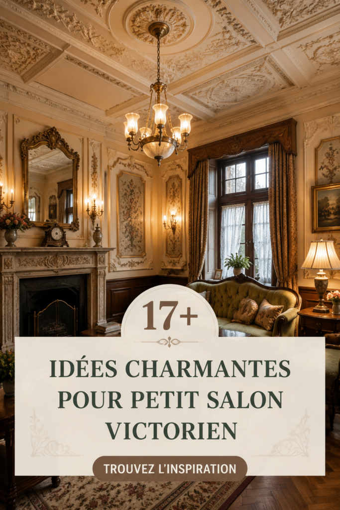 Un salon victorien chaleureux avec des couleurs riches et des décorations élégantes.