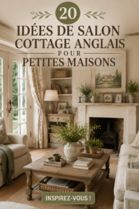 Salon cosy inspiré du style cottage anglais avec des couleurs douces et des meubles en bois.